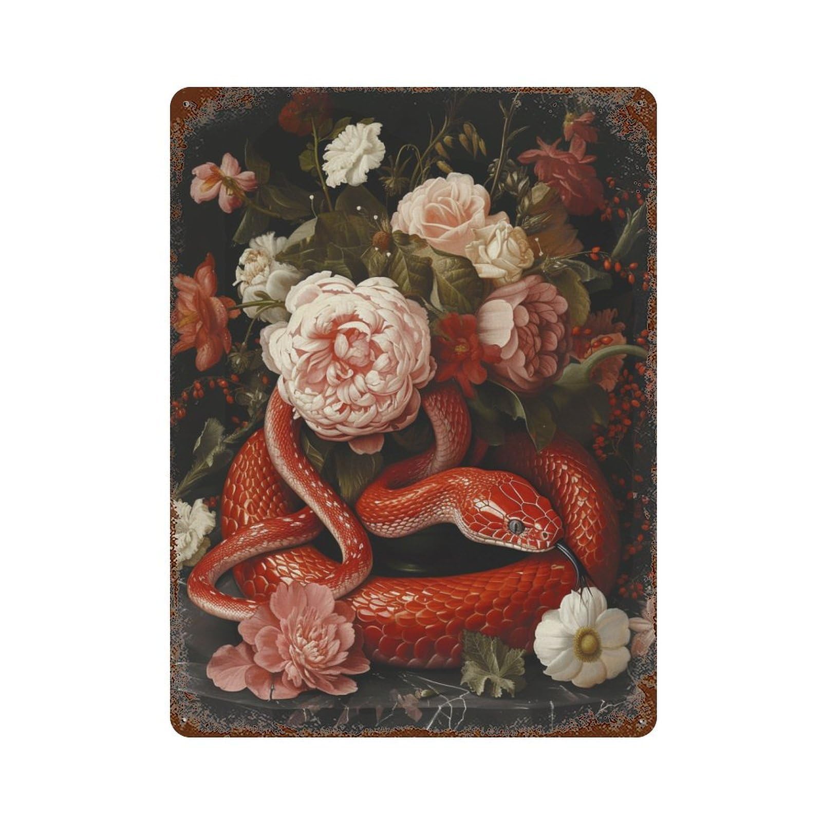 Flowers with Red Serpent Rusty Metal Tin Sign 15.7"x11.8", Old School Wall Decor for Garage, Pub Or Kitchen