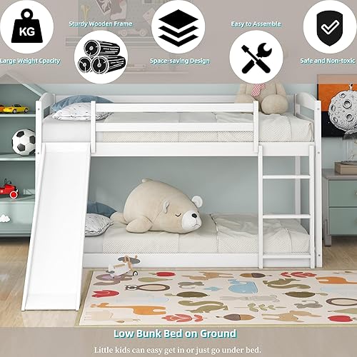 Miniatura 103 de Litera baja individual sobre individual, base de cama de madera maciza con escalera y barandillas de seguridad, literas individuales para niños y