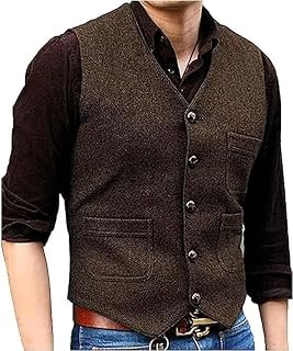 Mens Vintage Tweed Suit Vest V Neck Casual Wool Waistcoat for Wedding Groomsmen Men's Formal Vest