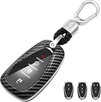 for Chevy Key Fob Cover, ABS Carbon Fiber Pattern Car Key Case Protector for 2016-2020 2023 2024 Chevrolet Malibu Cruze Camaro Traverse Volt Trax Equinox Blazer with Keychain Carbon Black
