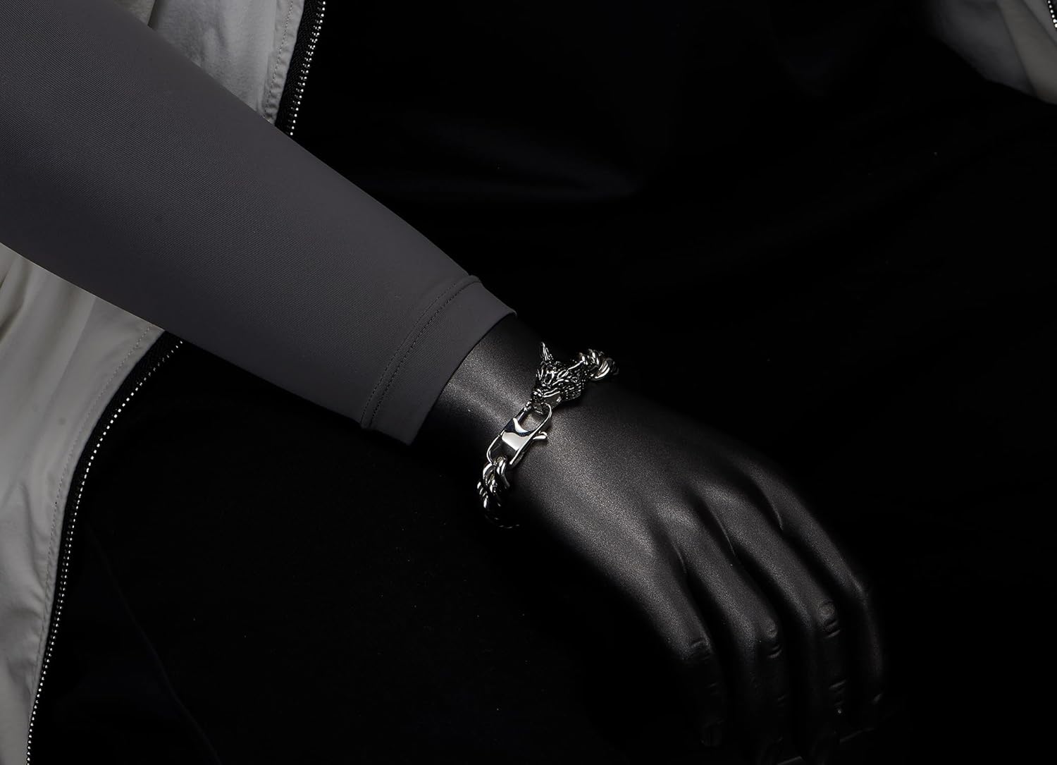 COOLSTEELANDBEYOND Men’s Steel Wolf Head Bracelet Heavy Curb Chain Link Design Bold Viking Style Fashion Jewelry - Image 2