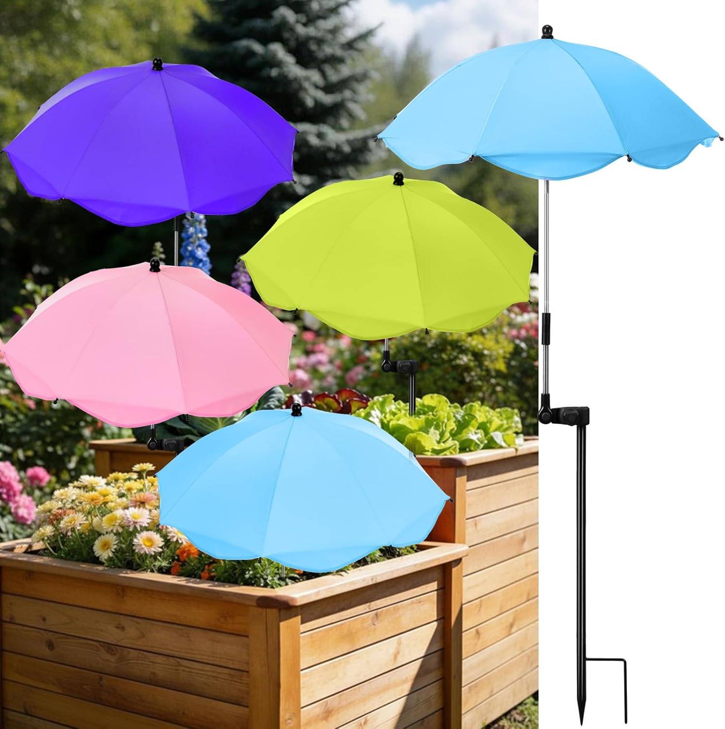 4 Pcs Plant Umbrellas for Outdoor Plants 26" Adjustable Garden Umbrella Shade for Potted Flower 40" Height Sun Shade Covers with Clamp for Garden Patio Balcony Bed Flower Pots (4 Colors)