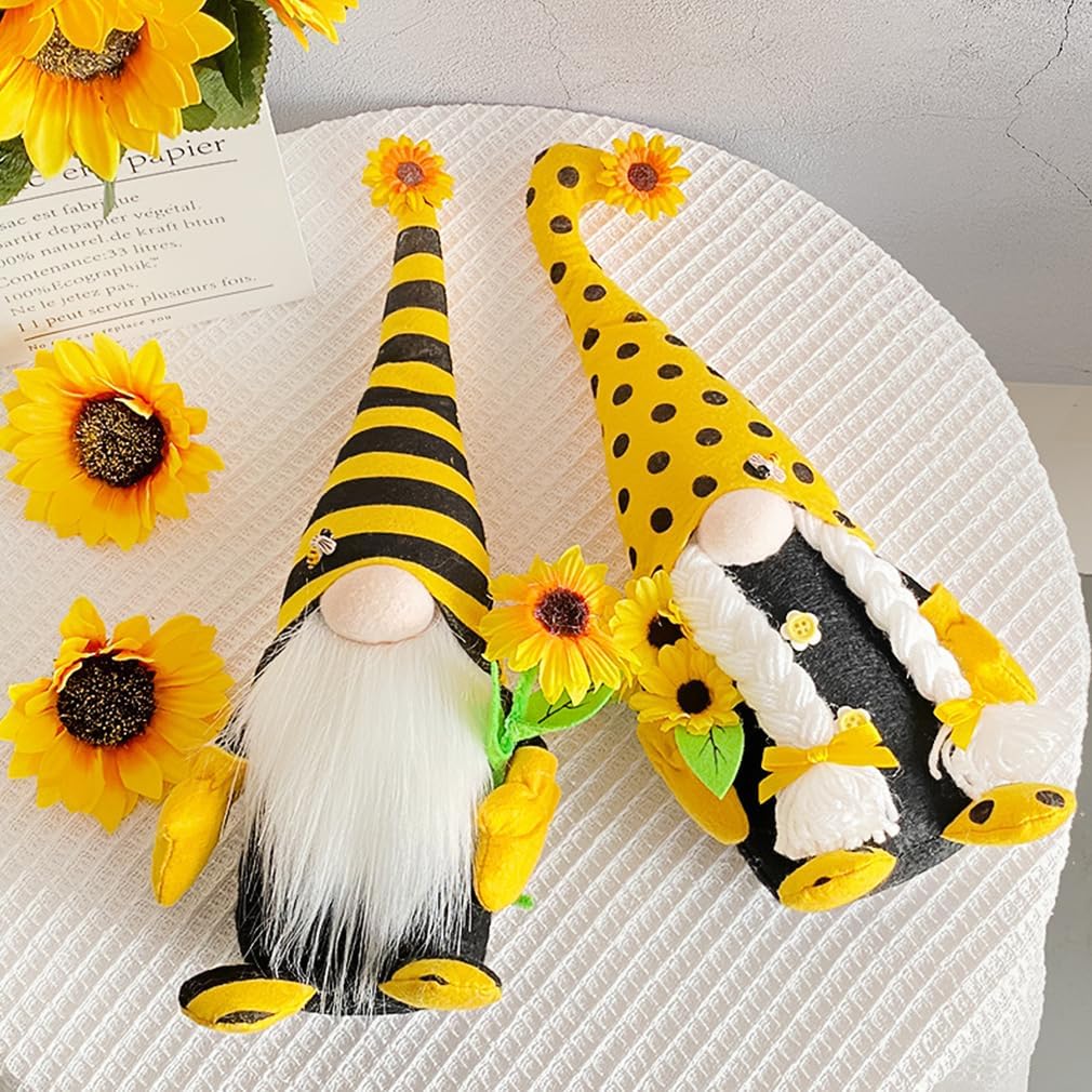 Tall Sunflower Gnome Set – 2PCS 15” & 14” Bee Plush Scandinavian Gnomes, Rustic Farmhouse Spring & Summer Decor, Tiered Tray & Mantel Decorations, Housewarming Gift, Party Table Centerpiece - Image 7