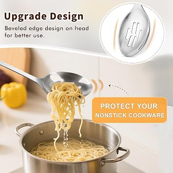2 Pcs Stainless Steel Cooking Spoons Set, Solid & Slotted Metal Serving Spoons, Heavy Duty Sturdy Large Soup Ladle, High Heat Resistant Kitchen Cooking Utensils for Mixing, Stirring, Easy to Clean