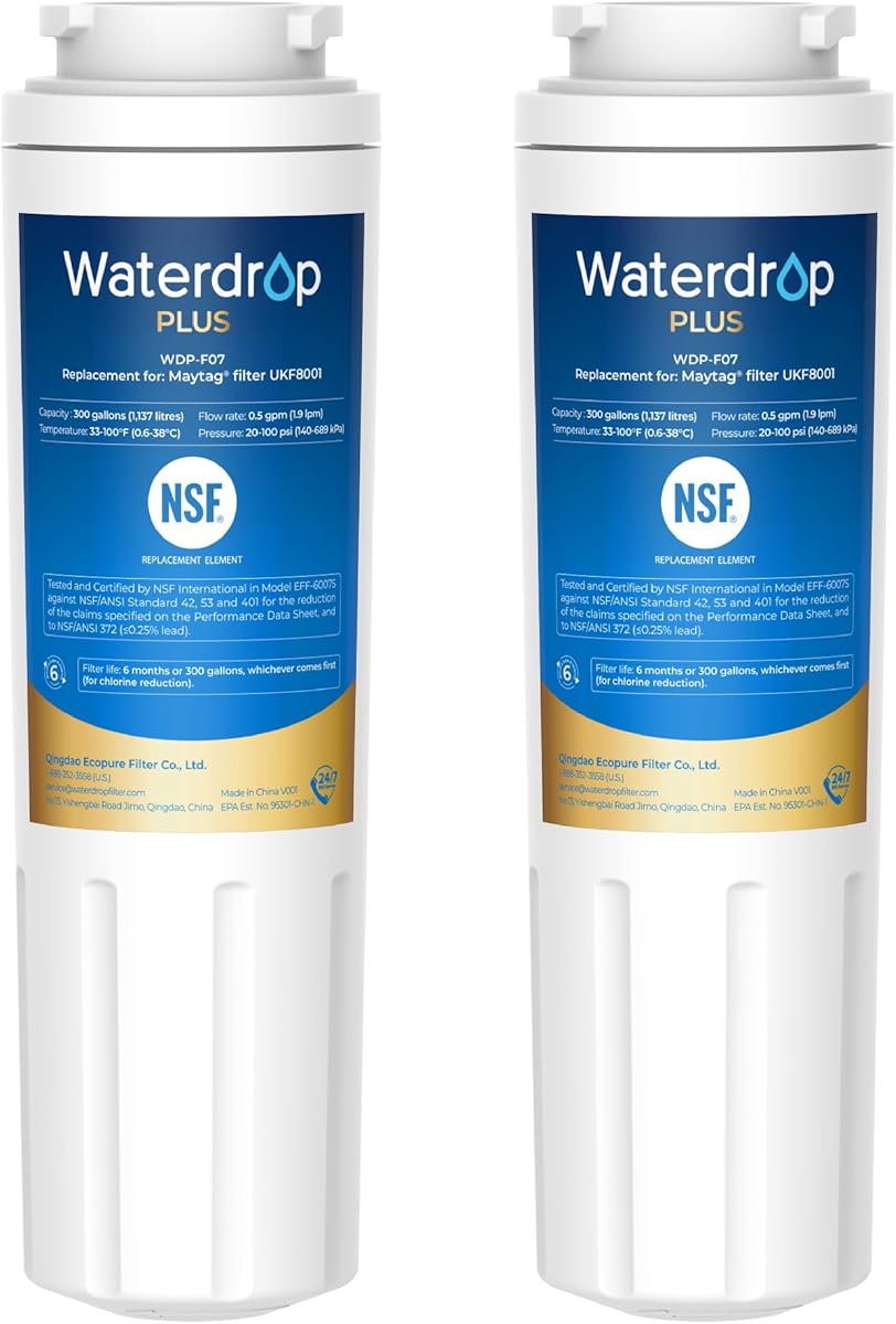 Waterdrop Plus UKF8001 NSF 401,53 Certified Refrigerator Water Filter, 𝐑𝐞𝐝𝐮𝐜𝐞 𝐏𝐅𝐀𝐒, Replacement for Whirlpool® Everydrop® Filter 4, EDR4RXD1, Maytag® UKF8001AXX, 2 Filters (Package May Vary)