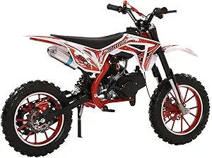 cdar 49cc Kids Dirt Bike, 2-Stroke Gas Power Motocross Off-Road Tires Shock Absorption Springs Soft Seat Cushion Pocket Motorbike with Front Rear Disc Brakes (Red)