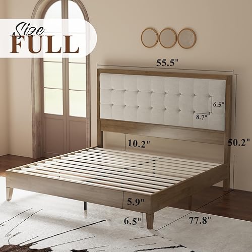 Miniatura 2 de Jocisland Base de cama con plataforma de madera, cabecera tapizada de tamaño matrimonial, cama de madera maciza, no necesita somier, fácil montaje,