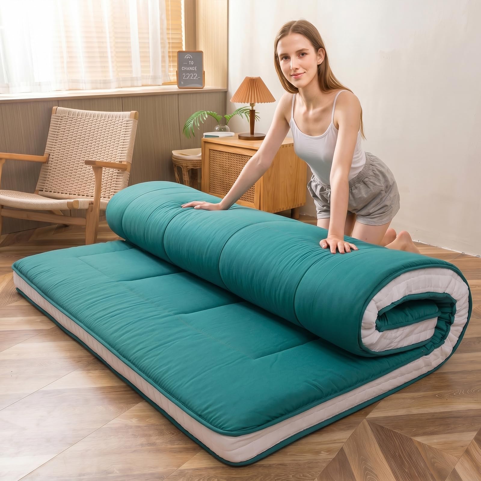 MAXYOYO Twin Bed Mattress Japanese Floor Futon Mattress, Twin Tatami Pad Camping Floor Bed Topper, Easy to Foldable and Portable, Turquoise Futon Single Mat-image-34