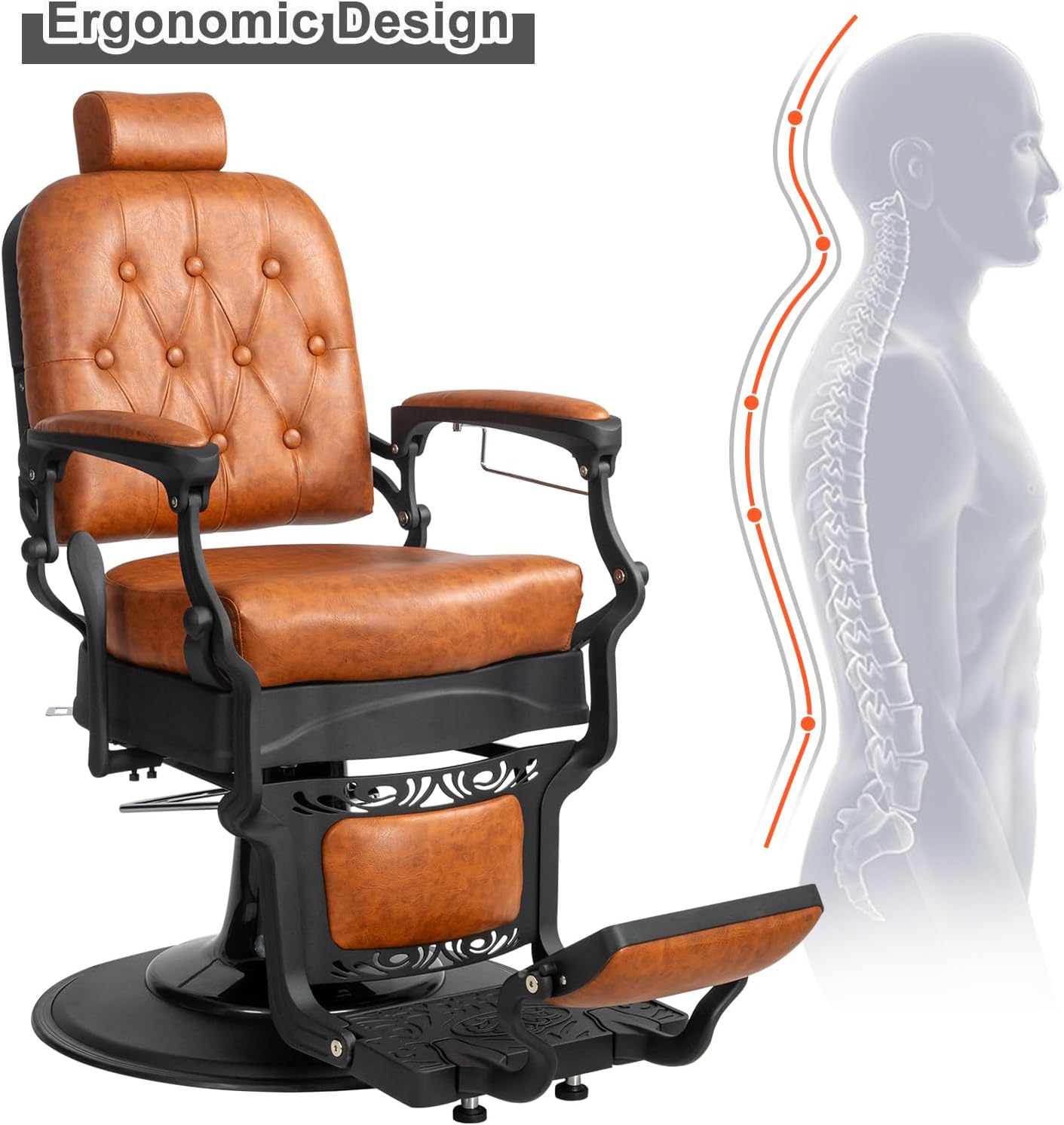 Winado Heavy Duty Vintage Recline Barber Chair Hydraulic with Headrest, Supports up to 700lbs & 360° Rotatable, Professional Salon Beauty Spa Shampoo Equipment (Brown - Square Backrest)