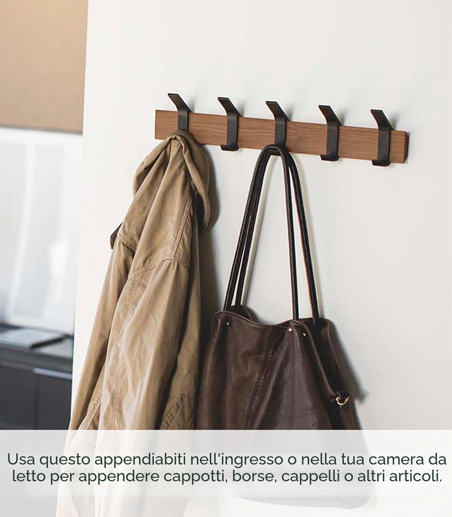 YAMAZAKI RIN Wall Coat Rack, marrone, Wood/Aluminum, 50 x 6.5 x 10 cm