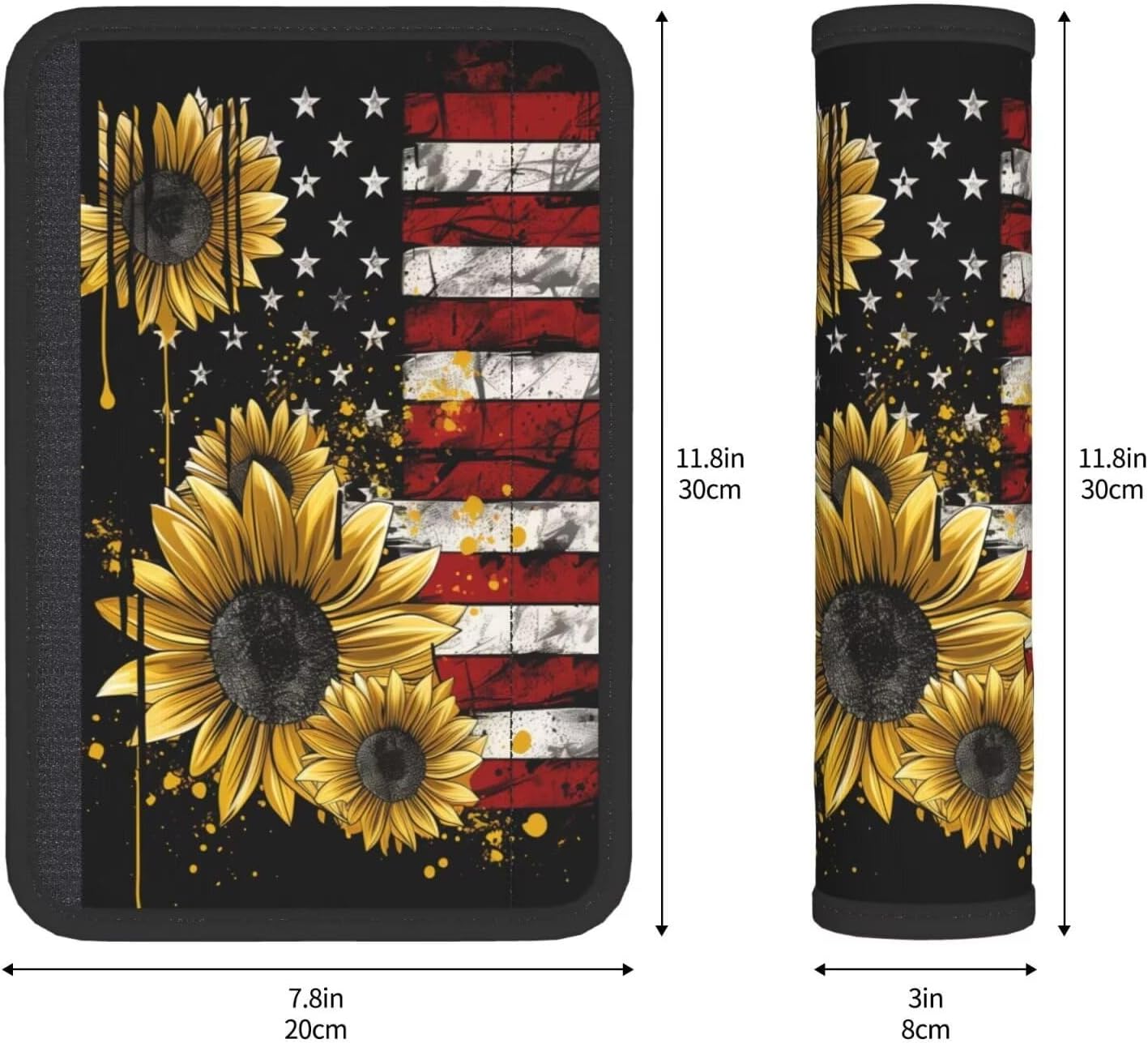 Car Seat Belt Pads Sunflower Flag 2 Pack Seatbelt Shoulder Strap Covers American Flag Rustic Yellow Floral Universal Safety Strap Cover for Auto SUV Truck Airplane Backpack