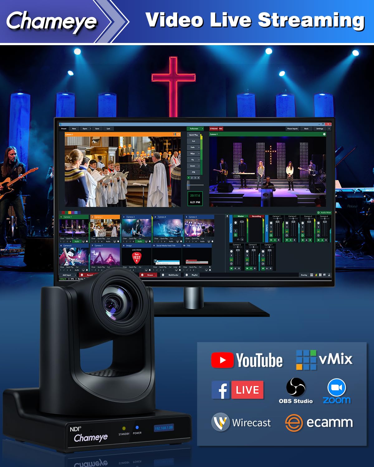 Chameye NDI HX3 PTZ Kamera Set 20x Optischer Zoom KI-Auto-Tracking 3G-SDI HDMI USB3.0, mit 2 Stück 20x Zoom NDI Kamera + PTZ Controller, NDI6 & NDI HX3 Zertifiziert, C720Nx2+E300