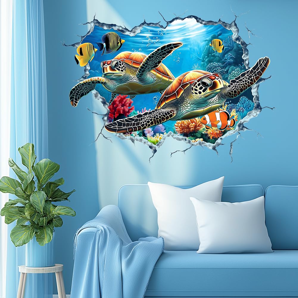 beinkmake 3D Under The Sea Wall Stickers Ocean Turtle Fish Coral Wall Decals Simulation Crack Hole Animal Wall Clings Art Smashed Wallpaper for Boys