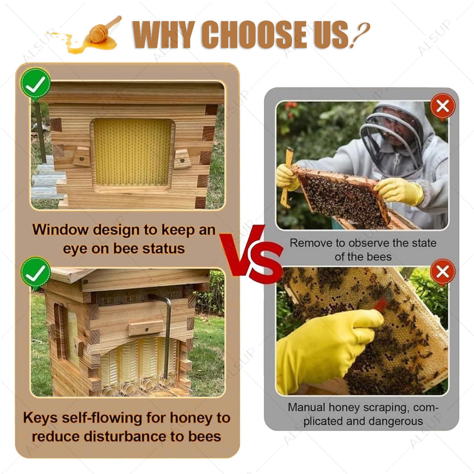 Kit de Inicio de Colmena de Abejas Autofluyente, Caja de Madera para Apicultura con Ventana de Observación, Marcos Automáticos y Boquilla de Miel para Jardín