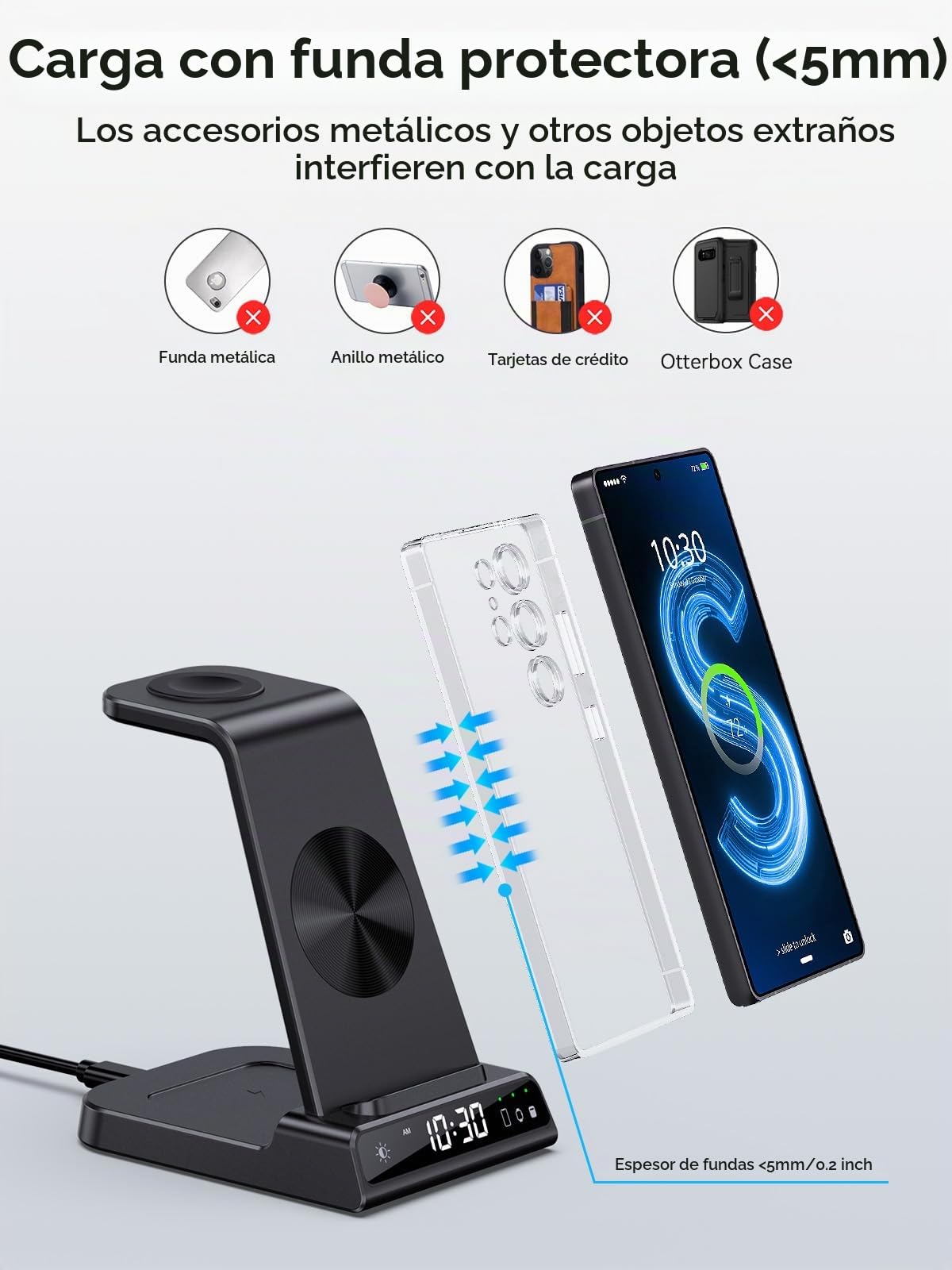 Cargador inalámbrico para Samsung Galaxy S25 Ultra, Wireless Charger con Reloj Digital para Samsung Galaxy Watch 8/7, Base Cargador para Galaxy S24 Ultra, Z Fold 7, Active 2, Buds (Negro)