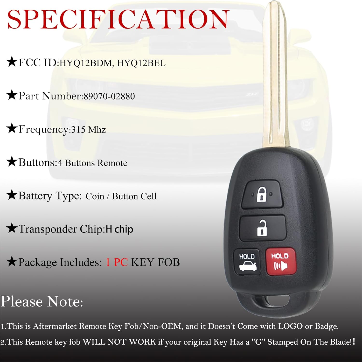MechanMagic Key Fob Remote Replacement Fits for Toyota Corolla 2014 2015 2016 2017 2018 2019/Camry 2014-2017/Tacoma 2016-2018 HYQ12BDM Keyless Entry Remote Control HYQ12BEL 89070-02880 H Chip
