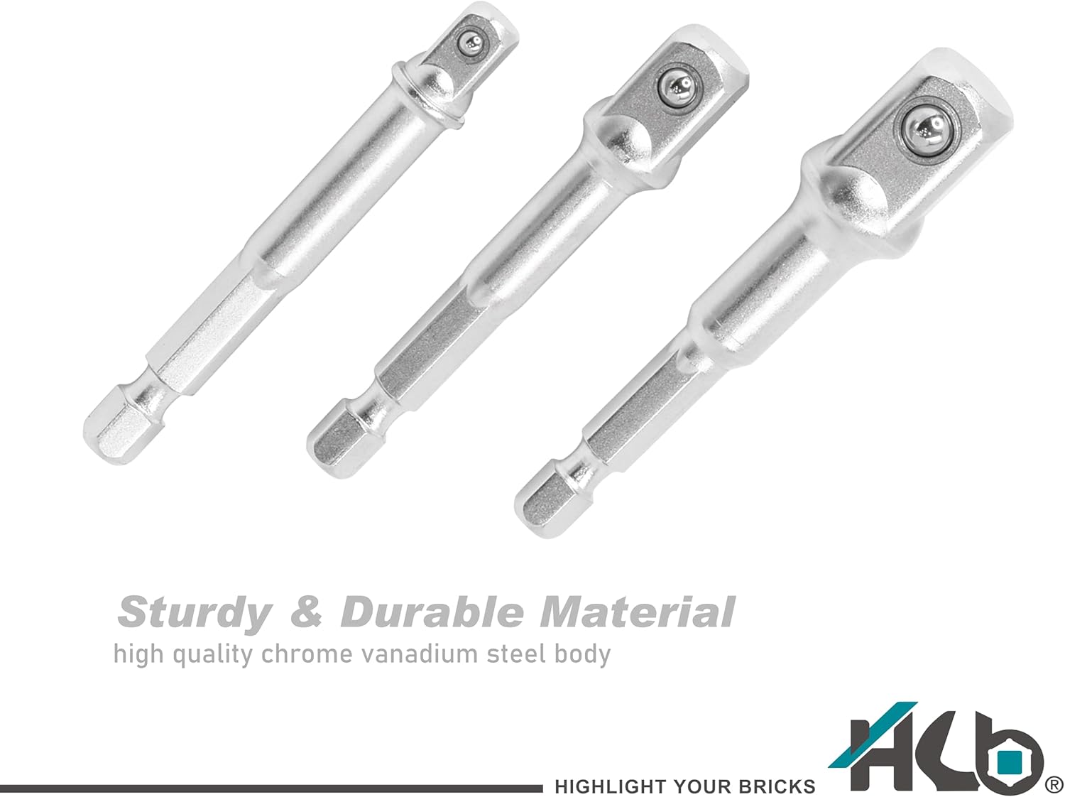 HB 3-Piece Socket Adapter Set AAM001-U | 1/4" Hex Shank Impact Driver Drill Adapters | 1/4", 3/8", 1/2" Drive | Chrome Vanadium Steel with Spring-Loaded Detent Ball | Professional Tools Made in Taiwan