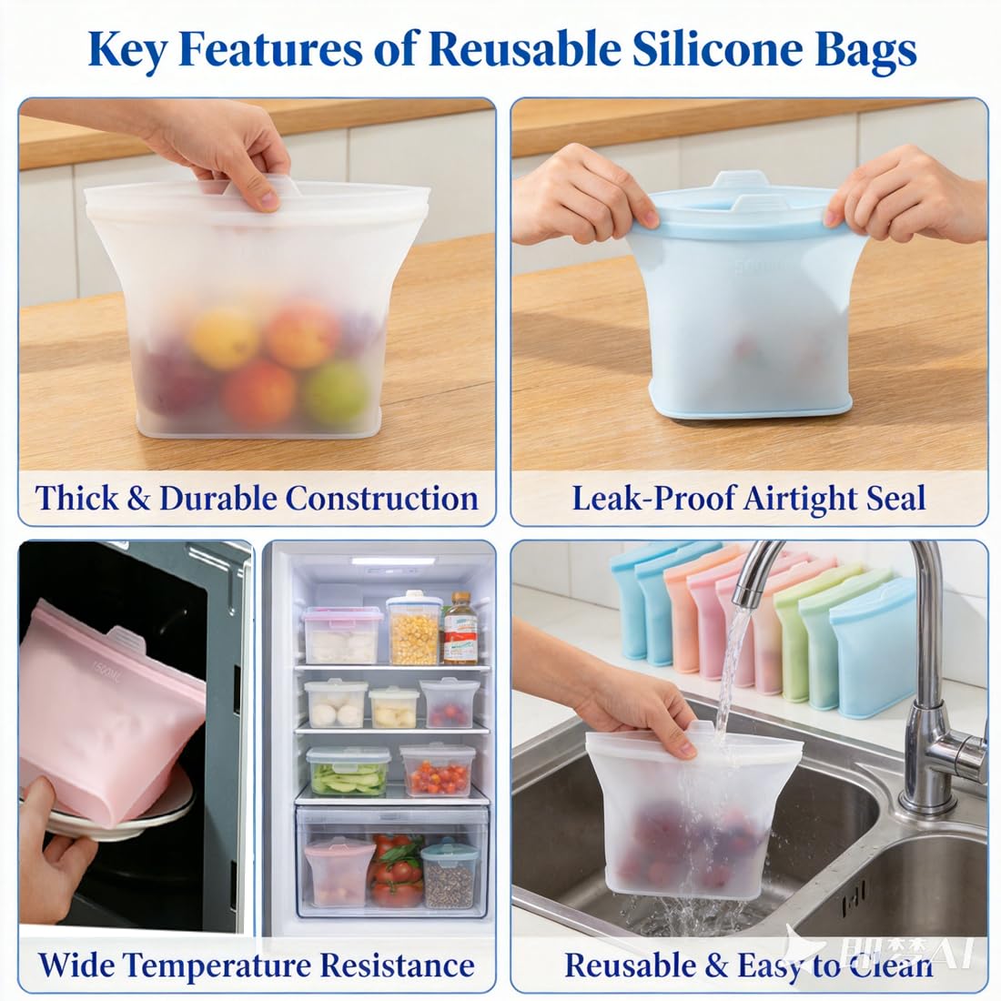 Bolsas de Silicona Reutilizables para Alimentos (500/1000/1500 ml), Bolsas Herméticas Antifugas para Congelador y Microondas, Conservación de Comida (0.5L+0.1L+0.15L-A)