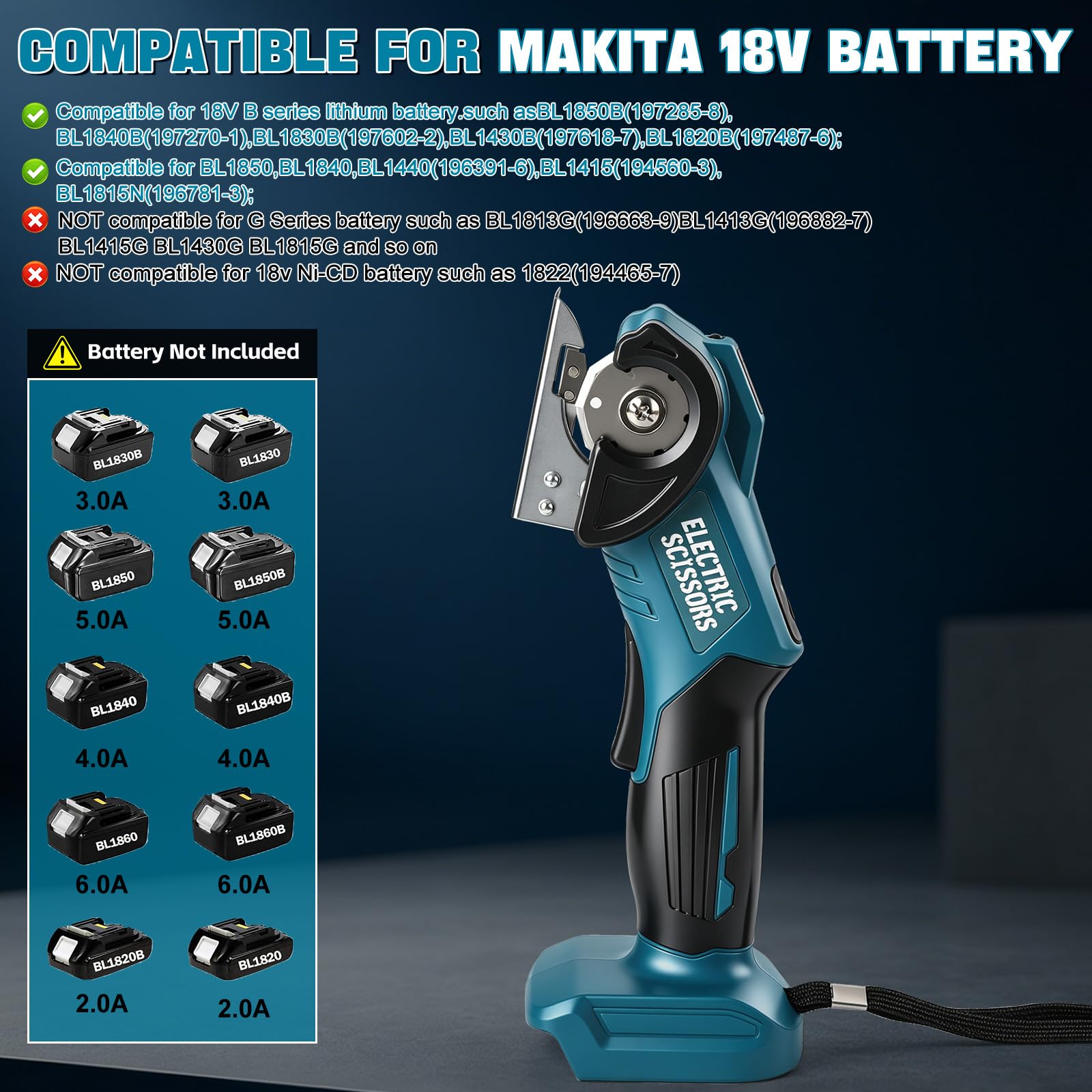 Akku-Universalschere für Makita 18V Akku (Ohne Akku), Elektrische Kartonschneider Rollschneider mit Sicherheitssperre und 2 Klingen, 6.35mm Schnitttiefe, für Leder Kartonage Stoff