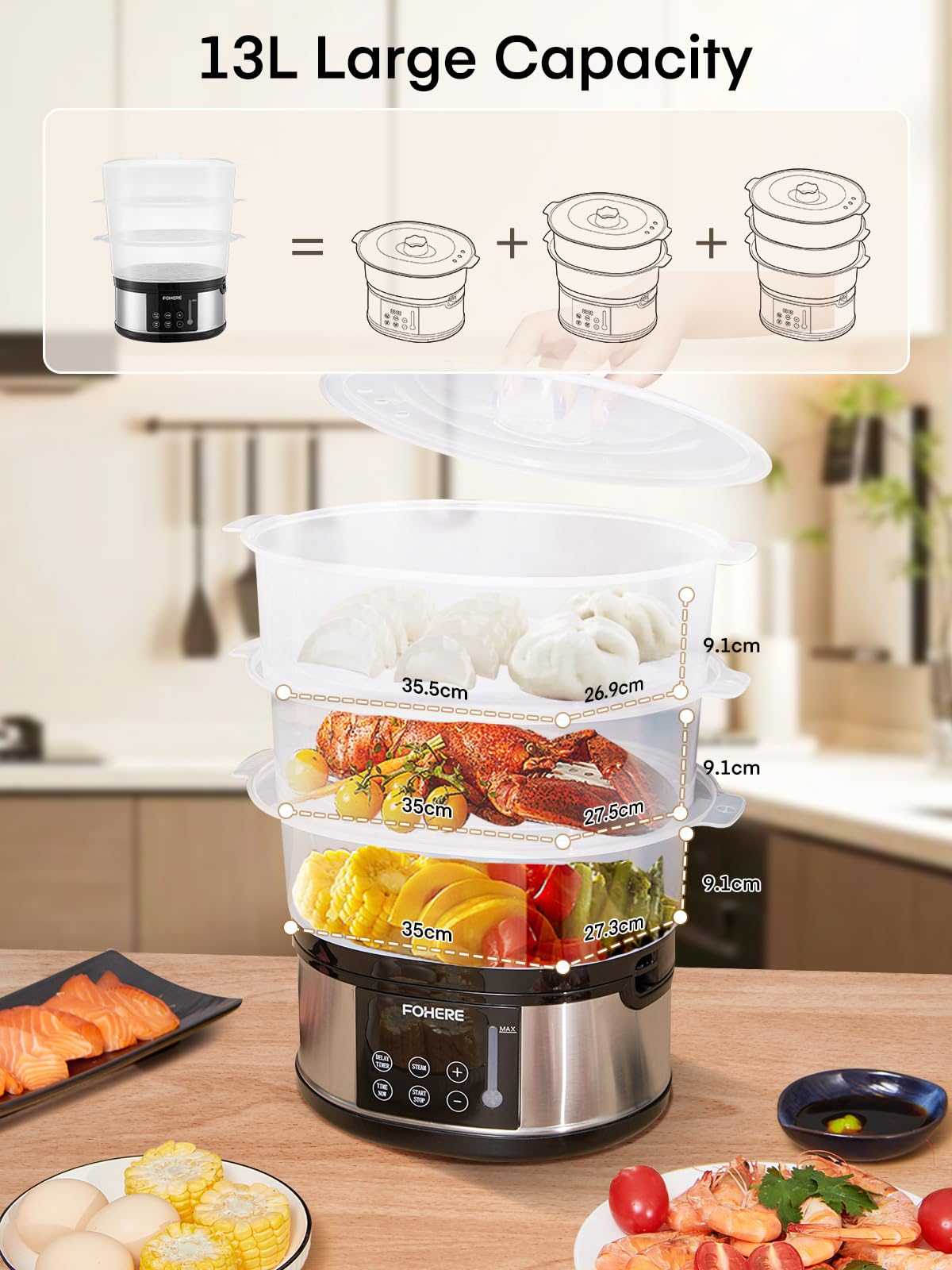 Vaporizador de alimentos para cocinar, vaporizador de verduras de 13.7 cuartos de galón con cestas apilables de 3 niveles sin BPA, olla de vapor eléctrica de 800 W, temporizador de inicio de 2