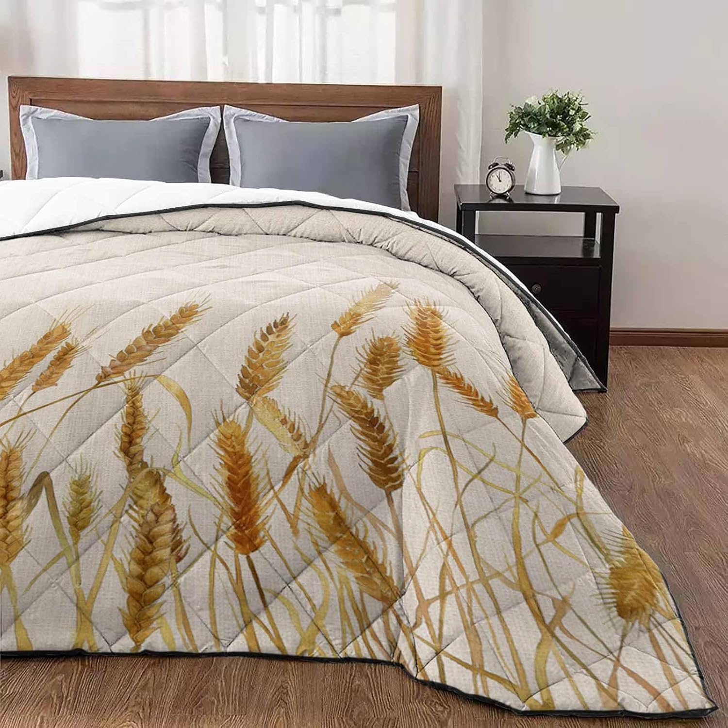 T&H XHome Quilt Oversized Queen Luxury Quilted Comforter Bedspread-Thin Soft Cozy, Autumn Wheat and Linen Plant Patterns Reversible Stitched Lightweight Quilt Coverlet for All Season