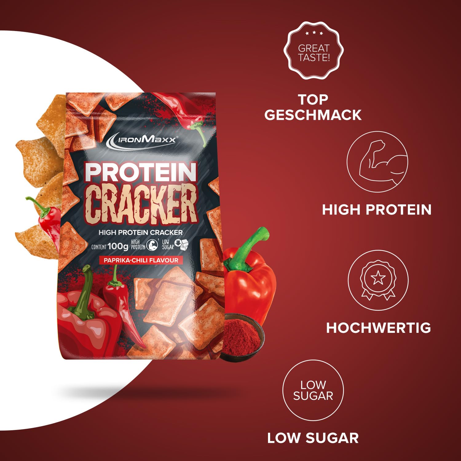 IronMaxx Galletas Saladas Proteicas Sabor Pimienta y Chile 100g - Aperitivo Crujiente con 21% de Proteina - Bajo en Azucar, Horneadas y No Fritas - Ideal para un Estilo de Vida Activo