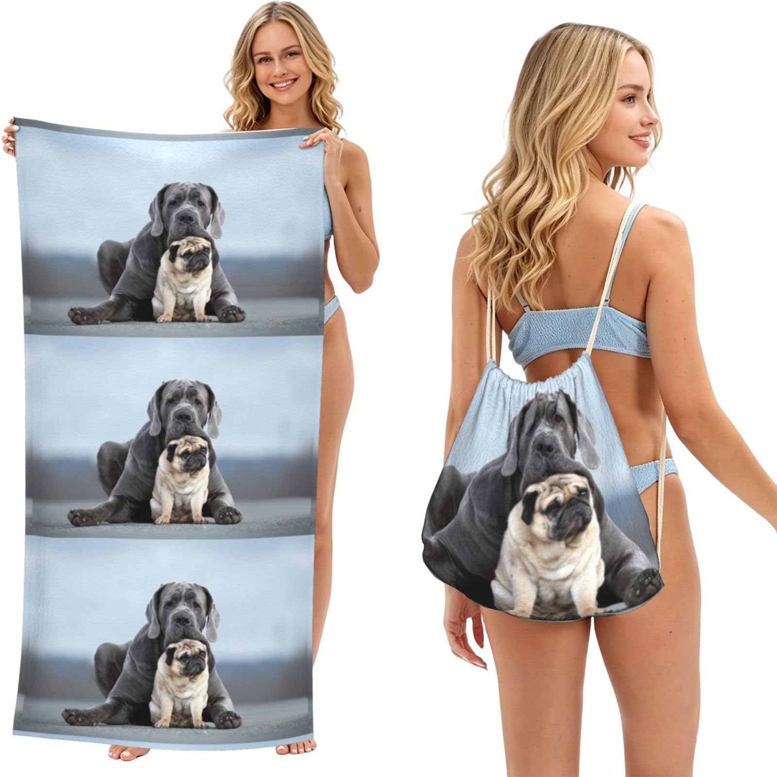Poadnly As Picture Cane Corso Dogs Pug Friendship Concepts, 2 In 1 Packable Towel Bag, Beach Towels With Drawstring Backpack For Travel Holiday Camping