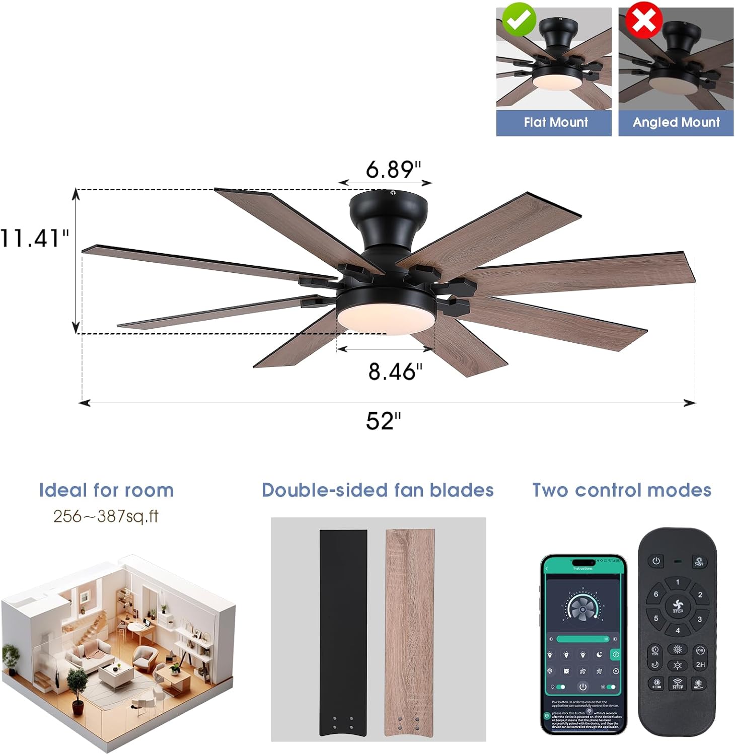 52" Low Profile Ceiling Fans with Lights and Remote, Modern Outdoor Ceiling Fans with 3 Colors 6 Speeds, Flush Mount Ceiling Fan Light with Reversible DC Motor
