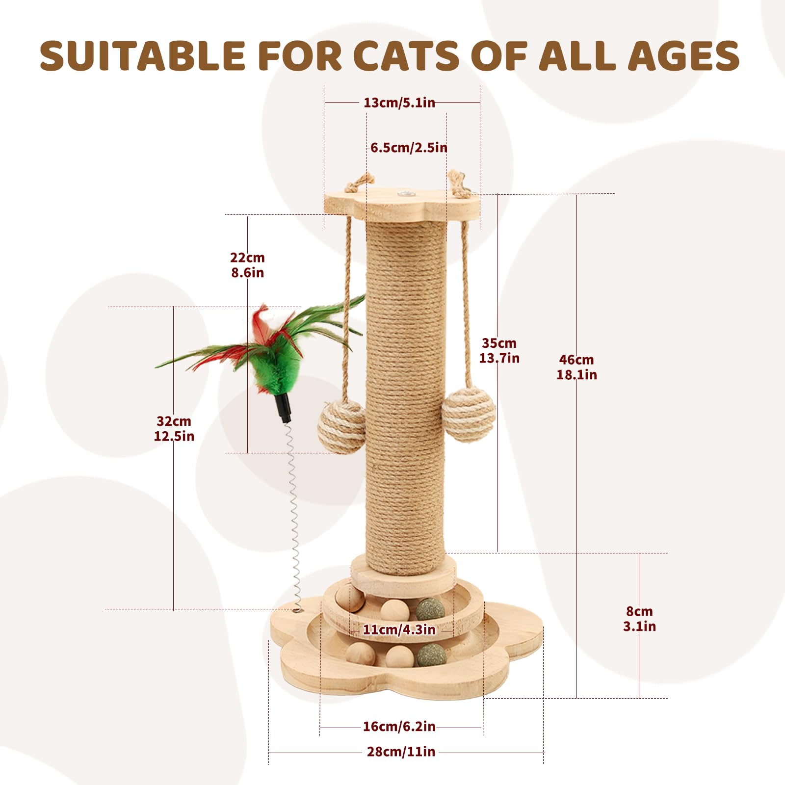 Xeticey Cat Scratching Post Wooden Scratch Pole for Indoor Kitten Cats Tree with Scratcher Post, Solid Wooden Base - Image 2