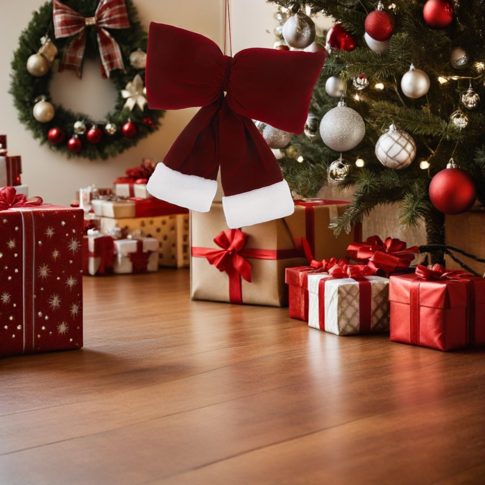 ULTECHNOVO 3 Piezas Lazo Navideño de Franela Colgante de Lazo de Terciopelo Oscuro Rojo para Decoración de Navidad Guirnalda de Árbol de Navidad