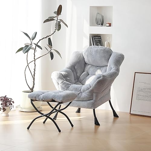 Miniatura 9 de Silla Lazy y otomana, silla de descanso grande con reposabrazos y un bolsillo lateral, moderno sofá tapizado de ocio con reposapiés para dormitorio,