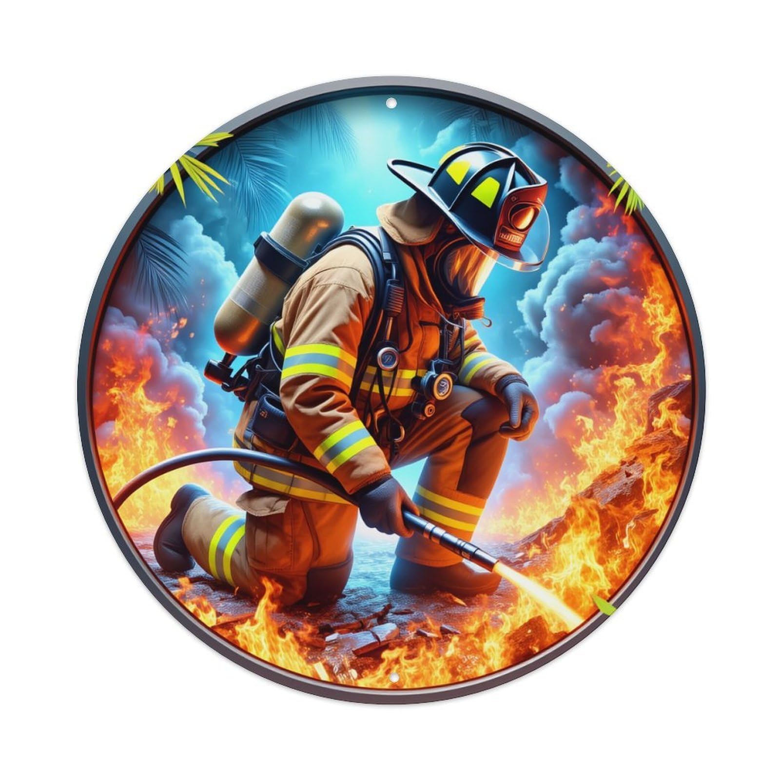 Firefighter In Action With Hose Round Tin Sign Vintage Metal Poster, Home Bar Garage Man Cave Cafe Indoor & Outdoor Wall Decoration 8x8Inches