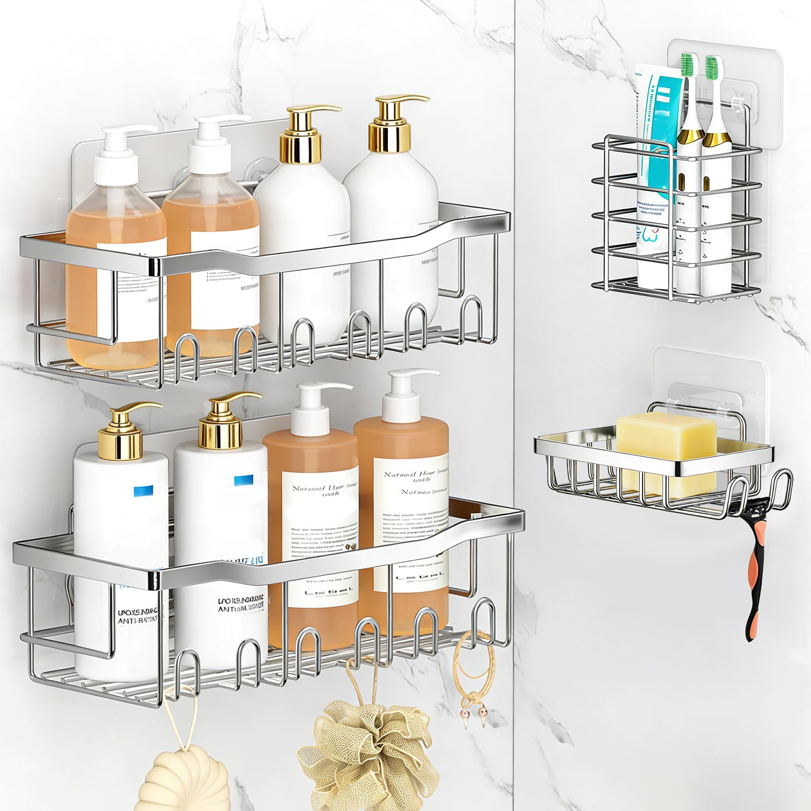 FALSKT 4PACK Stainless Steel Shower Shelf No Drill Shower Caddy Adhesive