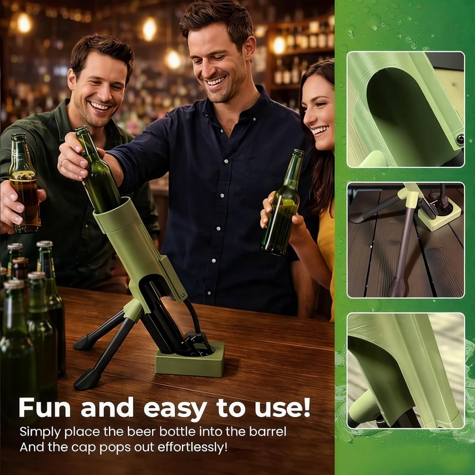Bierflaschenöffner im Mörser-Design, 51-mm-Kronkorken-Werfer, automatisches Push-Down-Design für freihändige Bedienung, Bierflaschenöffner im „Mortar-Style“ – ideal für Hausbar & Partys (2*A)
