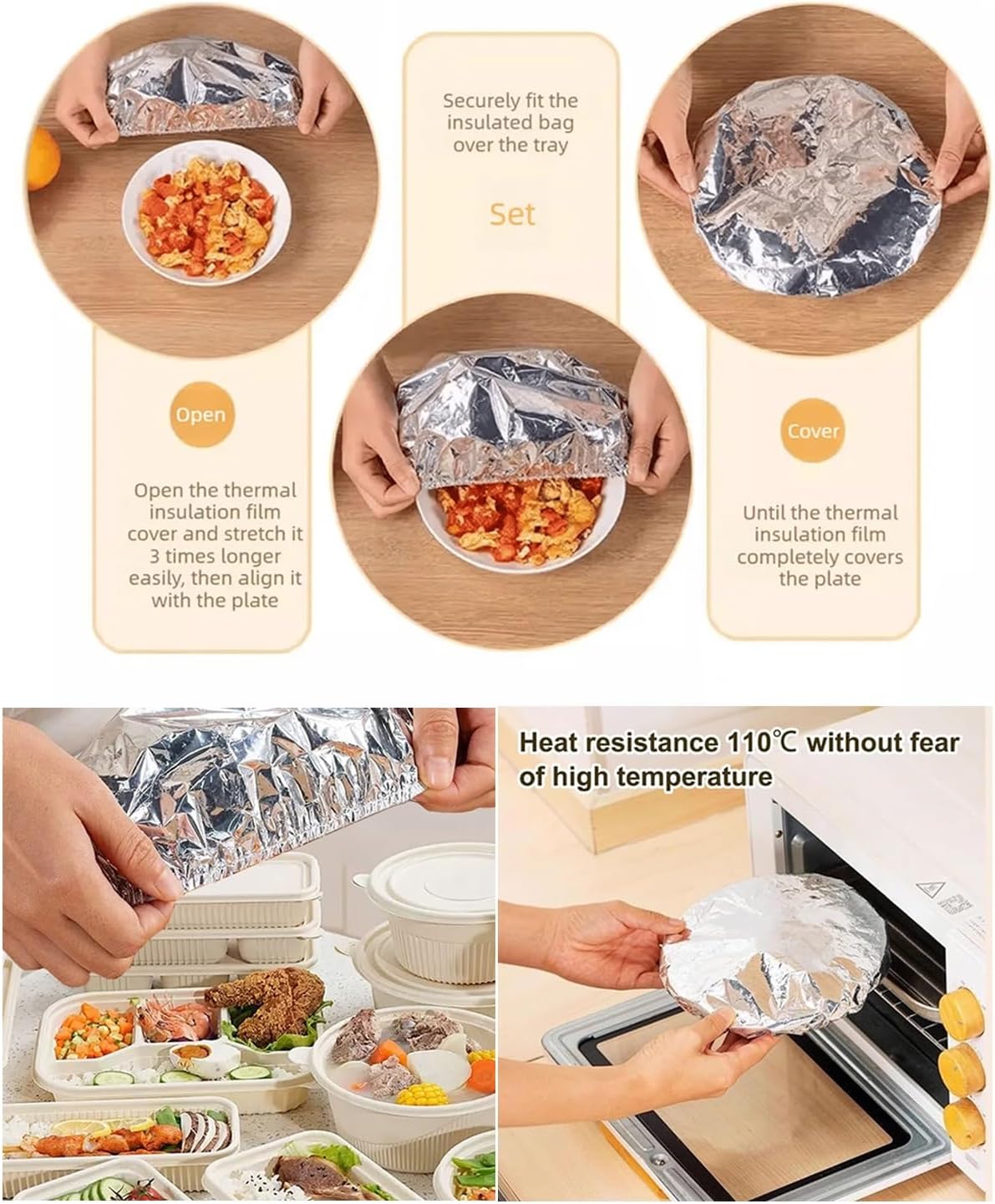 Aluminum Foil Heat-retaining Cover, Reusable Insulation Food Service Film Covers, Kitchen Dining Table & Food Container Dishes Bowl Disposable Warmth Retention Stretchable Fits Plates, Bowls