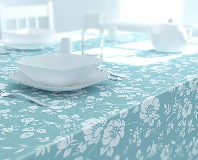 Dehaus® Wipe Clean Table Cloth - M Duck Egg Floral Bloom | Wipe Clean PVC Oilcloth Table Cover | Rectangular Plastic Vinyl Tablecloth | Water Resistant & Easy To Clean | Kitchen/Dining Table Protector