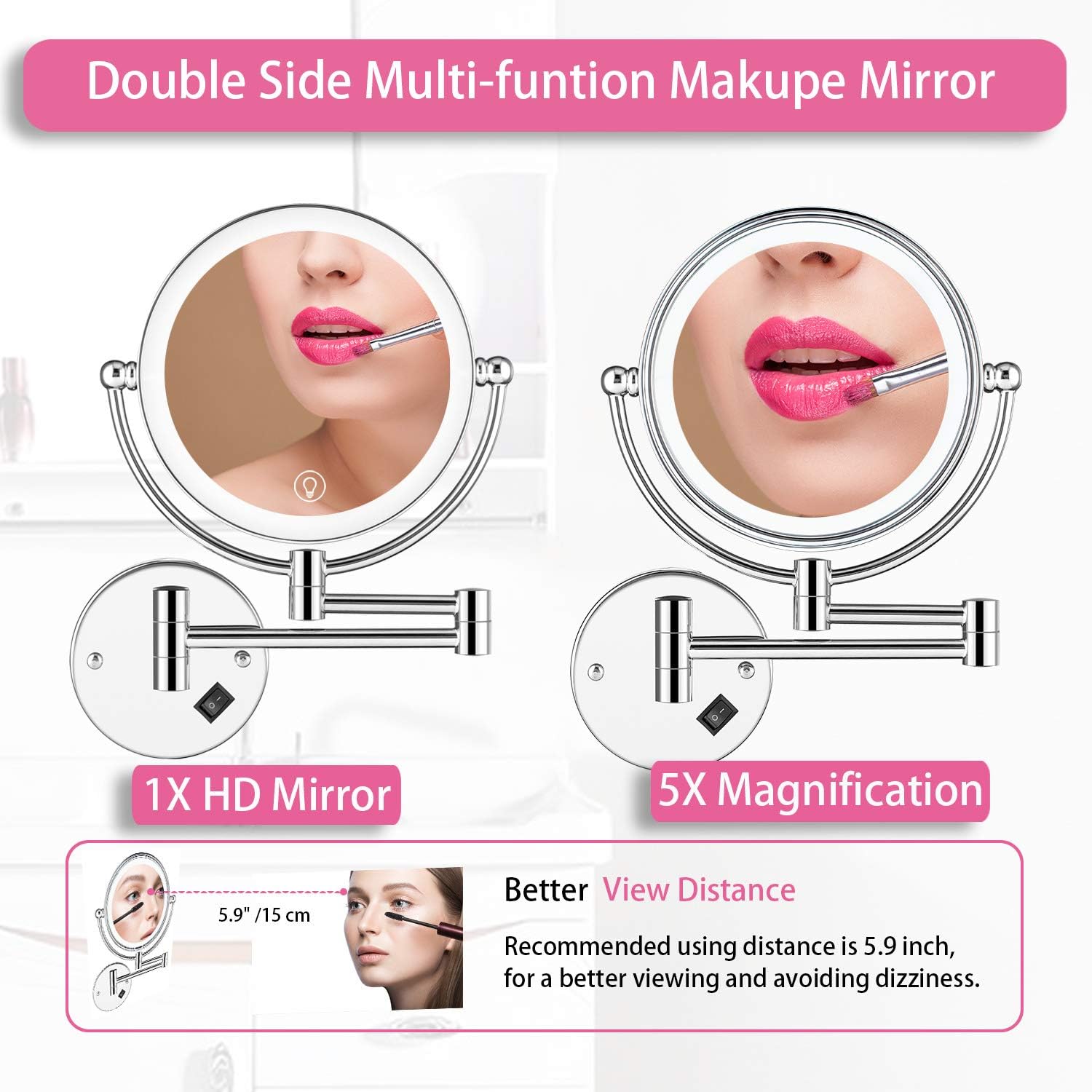 40% Off Discount AMZNEVO Wall Mounted Makeup Mirror LED Lighted Touch Button Stepless Adjustable Light Double Sided 1X/5x Magnifying Vanity Mirror 360° Swivel Extendable for Bathroom Powered by Plug in-8 inches