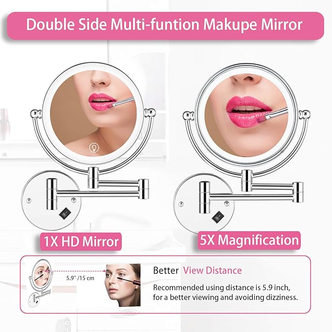 Espejo de Maquillaje de Pared con Luz LED 8 Pulgadas Doble Cara 1x 5x miniatura 4