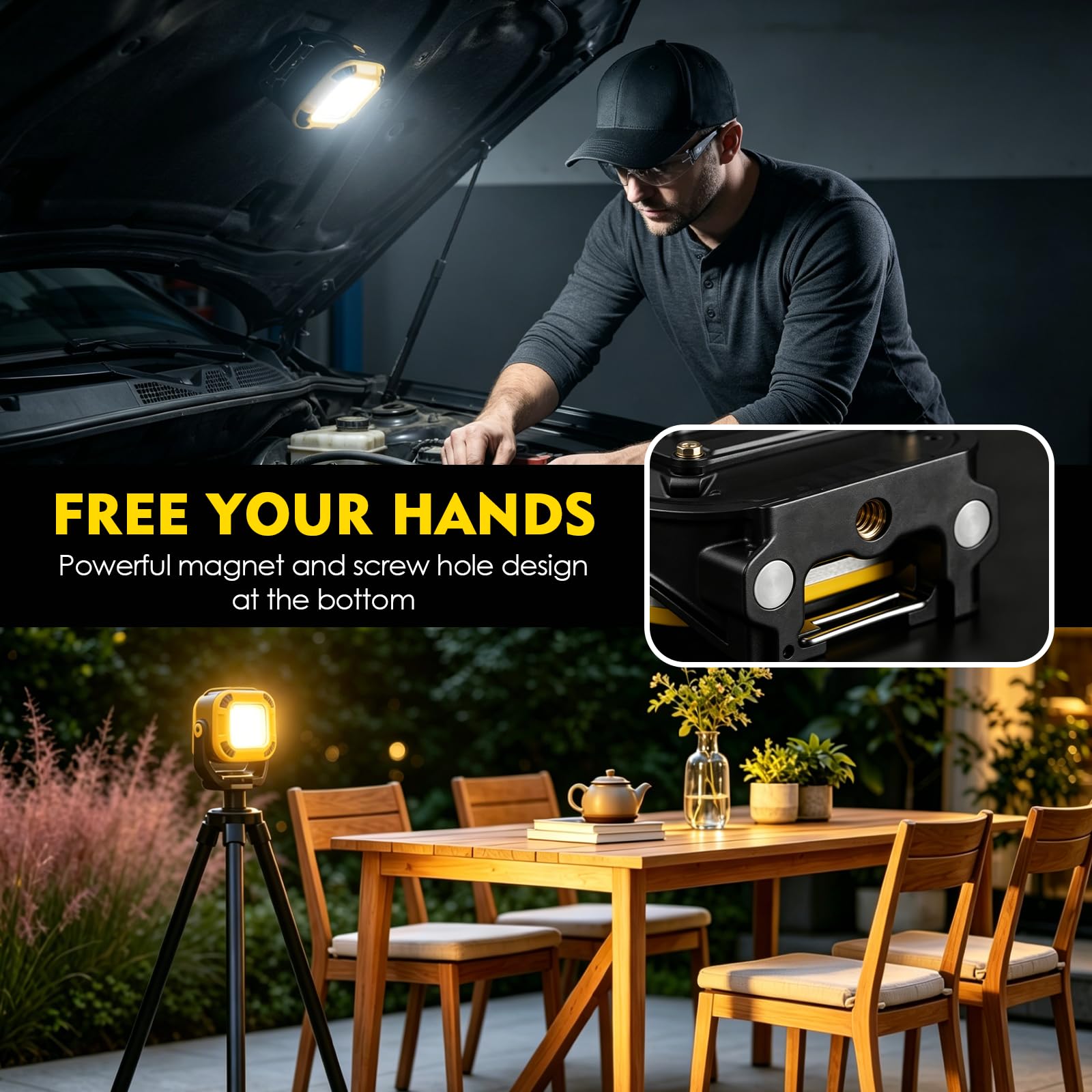 Linterna LED Recargable, Portatil Linterna Taller Mecánico, 16 Modos de Luz, Base Magnética con Gancho, Impermeable Luz de Trabajo LED para Reparación de Automóviles, Uso en Taller, Camping - 2 Piezas
