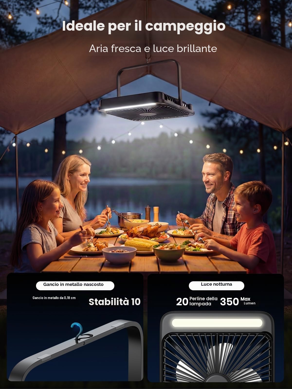 Warmco Ventilatore Campeggio 20000mAh Ricaricabile, Alto 27cm Ultra-Sottile con Luce LED, 48 Ore Durata, Ventilatore Tavolo Portatile per Tenda, Viaggi, Esterno, Casa