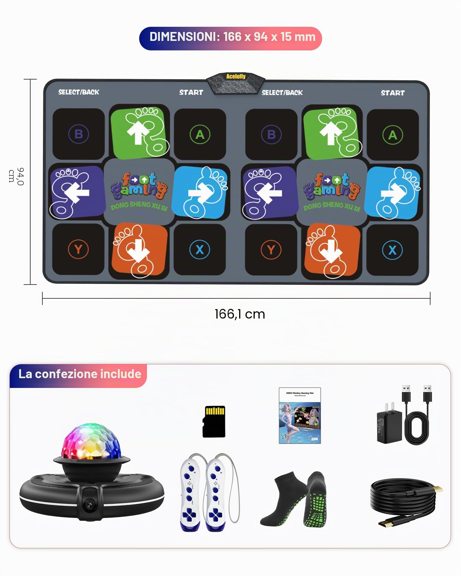 Tappetino da Ballo per Bambini per TV con Telecamera, Tappetino da Gioco Antiscivolo per Interni con 2 Controller Wireless e Palla da Discoteca Colorata, Regalo per Ragazzi, Ragazze, Adulti