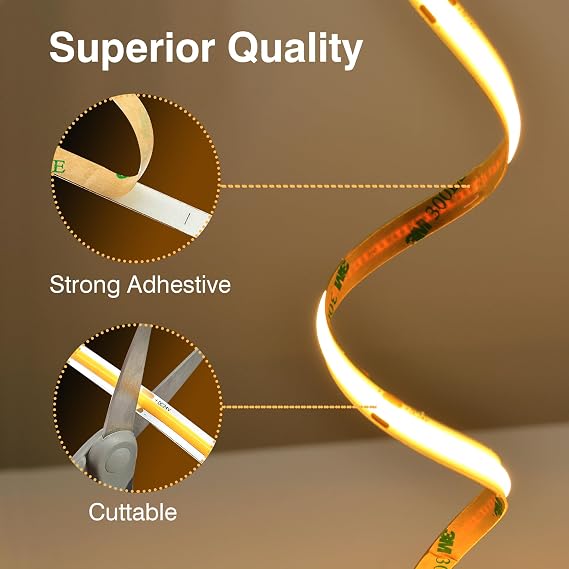 Dotless COB LED Strip15M,24V Dimmable Flexible LED Light Strip with App & Remote,Warm White 3000K,CRI>90,8mm Cuttable Self-Adhesive COB Tape for Kitchen,Bedroom,Mirrors Decoration [Energy Class D]