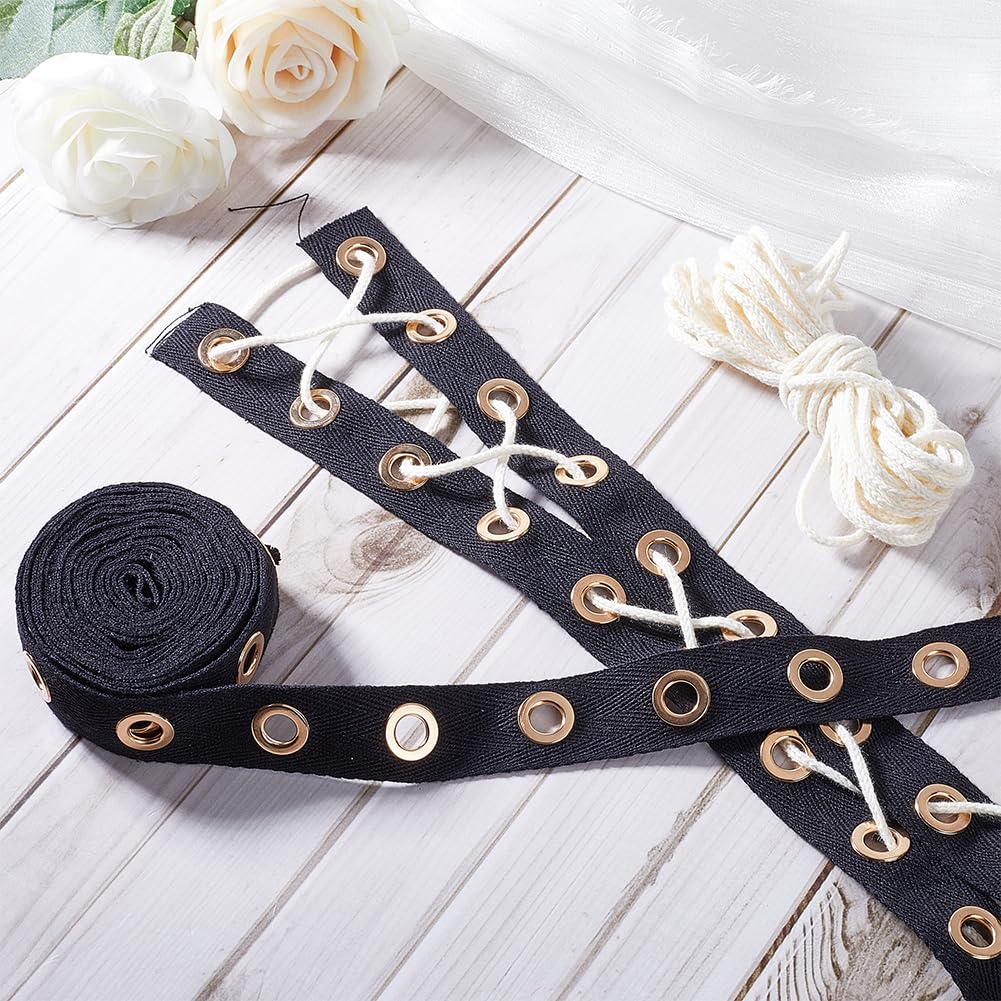GORGECRAFT 4iarde*25mm Nastro Nero con Occhielli Passacavo Larghezza Nastro In Twill di Cotone con Anello In Metallo Dorato 8mm per Cucire Corsetti Abbigliamento Include 10m di Fili di Cotone Bianco