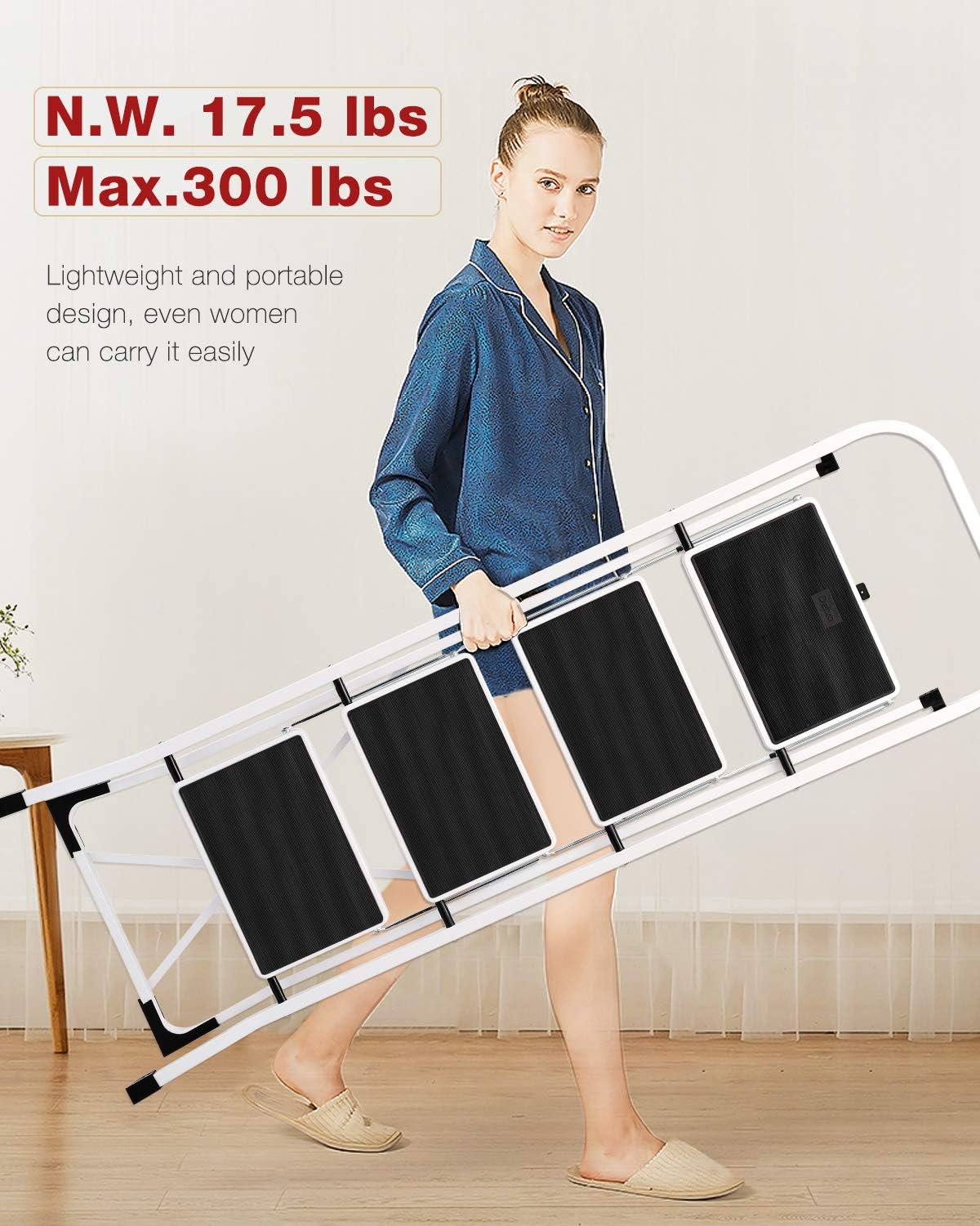 ACSTEP Folding 4 Step Ladder with Convenient Handgrip Anti-Slip Sturdy and Wide Pedal 330lbs Portable Steel Step Stool White and Black 4-Feet - - 