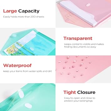 Sooez 10Pack Plastic Envelopes, Plastic File Folders, Clear Folders for Documents Trendy Colors, Super Heavyweight Document Holders, Storage Pouches, File Envelopes for School Office Supplies