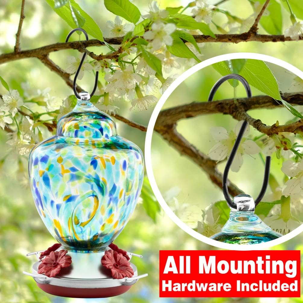 REZIPO Hummingbird Feeder with Perch - Hand Blown Glass - Light Green - 38 Fluid Ounces Hummingbird Nectar Capacity Include Hanging Wires and Moat Hook : Patio, Lawn & Garden