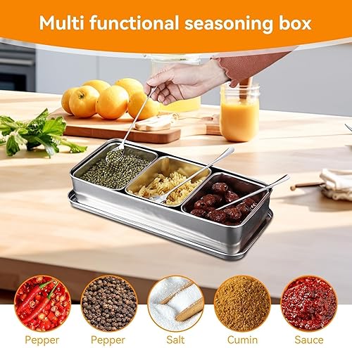 Recipientes de condimentos con cuchara y tapa, 3 rejillas de acero inoxidable, juego de recipientes de sal de azúcar, especias, sal, pimienta,