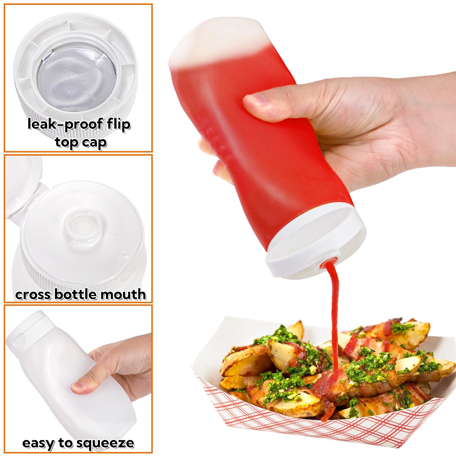 Paquete de 12 botellas exprimibles para condimentos, botellas de plástico de 12 onzas con tapa abatible, recipientes vacíos reutilizables para salsa con etiquetas y embudos de silicona para 3