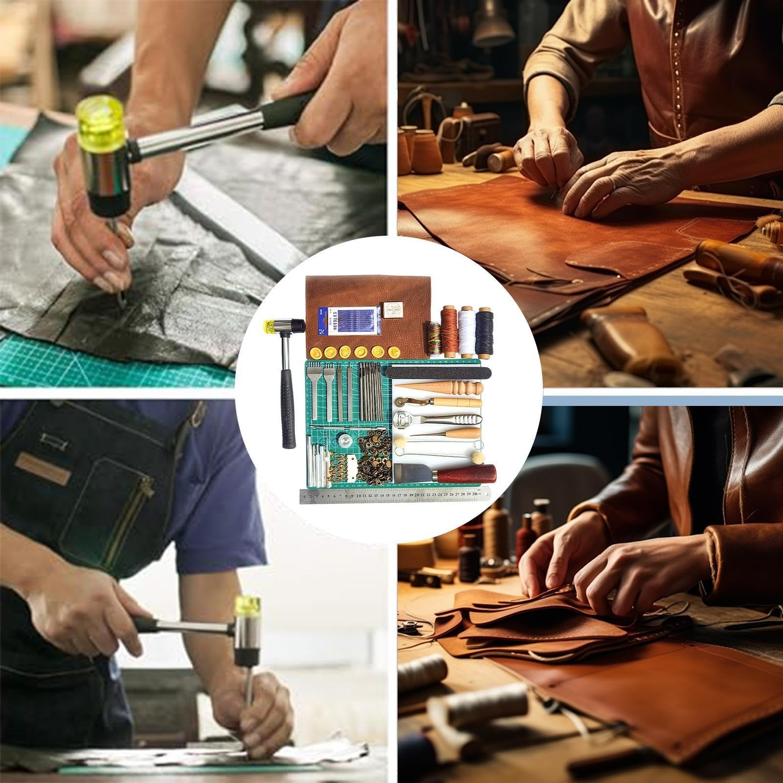 Juego de herramientas para trabajar el cuero - 32 x 26 x 4 cm Kit de madera ABS de acero aleado, accesorios de grabado duraderos, herramientas creativas | Kit completo de herramientas de bricolaje con