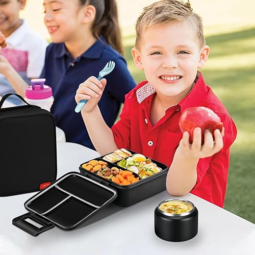 Miniatura 7 de JXXM Lonchera Bento para niños con termo de sopa de 8 onzas, recipientes de almuerzo a prueba de fugas con 5 compartimentos, tarro térmico para